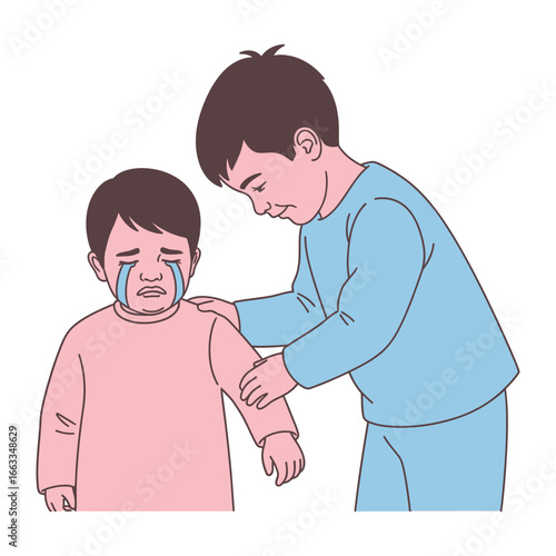 Two Brothers in a Moment of Care: Two young boys in a tender moment, one comforting the other with gentle touch. Depicting emotional vulnerability and the bond of siblinghood.