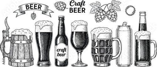 Vintage Hand Drawn Beer Collection Engraved Style Illustrations Featuring Glasses Mugs Bottles Cans Hops and Craft Beer Elements for Brewery Pub Bar Design