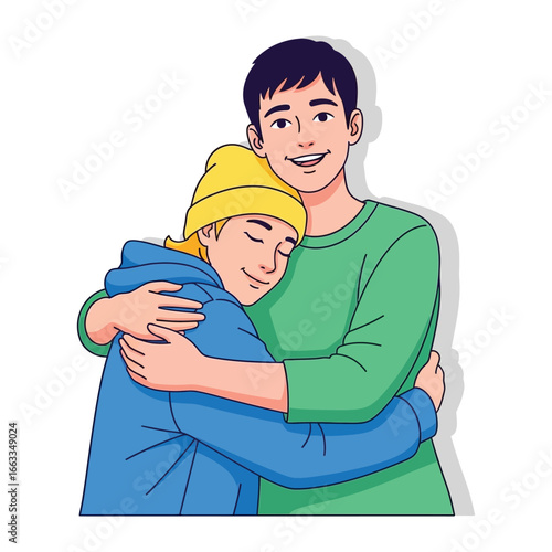 Embrace and Care: A heartwarming illustration of two individuals in a comforting embrace, portraying a deep sense of affection and support. 