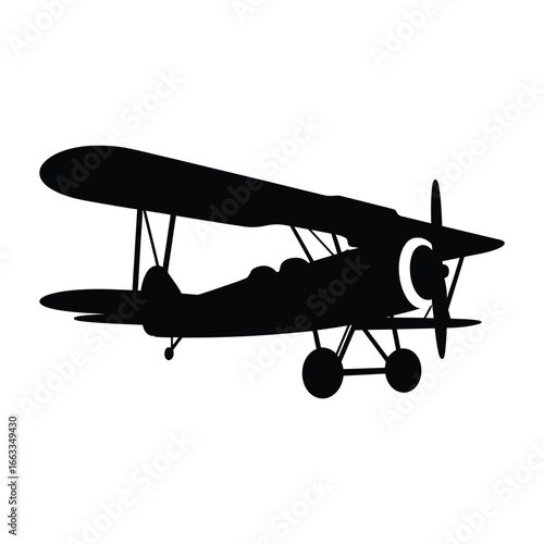 Silhouette of a vintage biplane airplane on a white background
