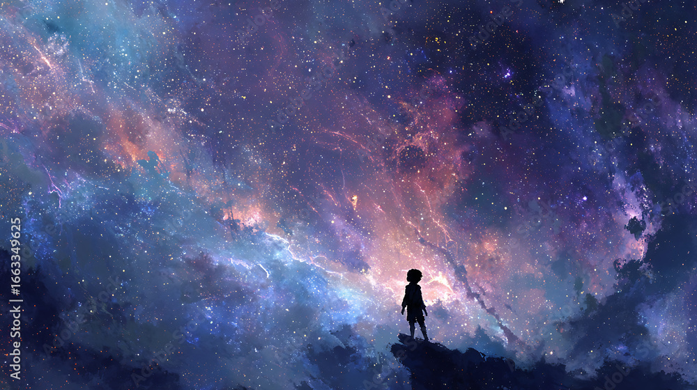 Fototapeta premium Young voyager midway across the universe amidst star clusters and nebulae (3)