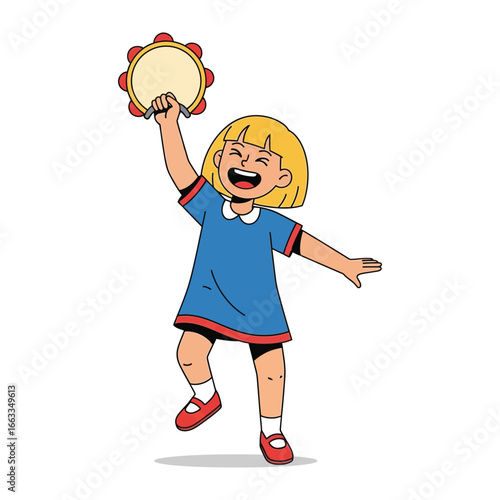 Joyful Rhythms: A little girl, radiating happiness, holds a tambourine aloft, her laughter echoing in a celebration of the joyful, rhythmic, and melodious moments of childhood.