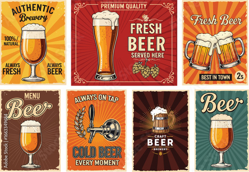 Vintage Beer Posters Collection Retro Brewery Advertising Art Fresh Cold Beverage Wall Decor Set