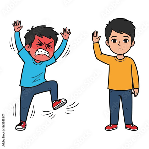 Duality of Emotions: A poignant illustration capturing two contrasting states of mind; one consumed by anger, the other radiating a calm demeanor, telling a story of emotional balance.
