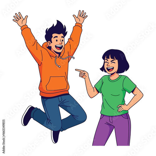 Joyful bond: vibrant cartoon illustration showing happy friends jumping and pointing, capturing friendship, fun and mutual support.