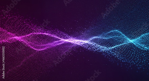 Dynamic flowing particle data wave simulation in electric blue and purple on a dark background, representing sound or energy concepts, ideal for futuristic technology visuals