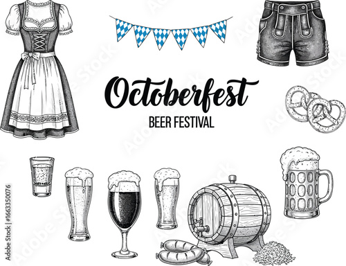Oktoberfest Beer Festival Traditional German Celebrations Attire Food Drink Symbols Vector Illustration