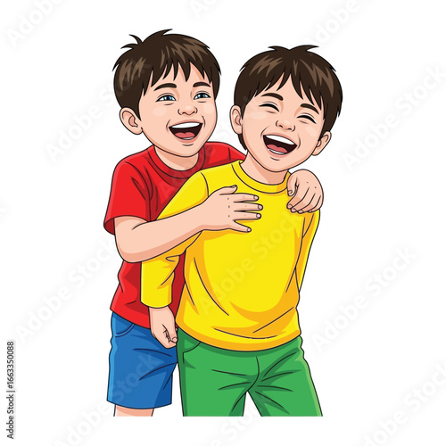 Joyful Brothers: A lively cartoon captures two young boys in a burst of laughter and affection, as one playfully embraces the other from behind, highlighting their bond in a vibrant illustration.