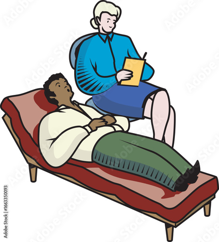 Psychotherapy Session Patient on Couch, Therapist Taking Notes