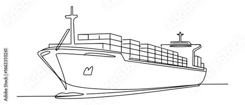 One continuous line drawing of a cargo ship is preparing to unload its cargo at the port vector illustration. Sea transportation design concept. Vector black silhouette. with white background