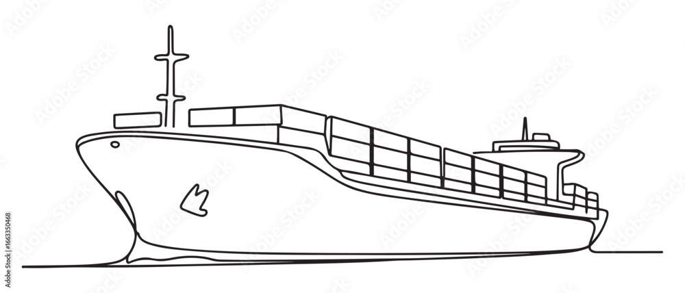 © firoz - One continuous line drawing of a cargo ship is preparing to unload its cargo at the port vector illustration. Sea transportation design concept. Vector black silhouette. with white background © firoz - One continuous line drawing of a cargo ship is preparing to unload its cargo at the port vector illustration. Sea transportation design concept. Vector black silhouette. with white background