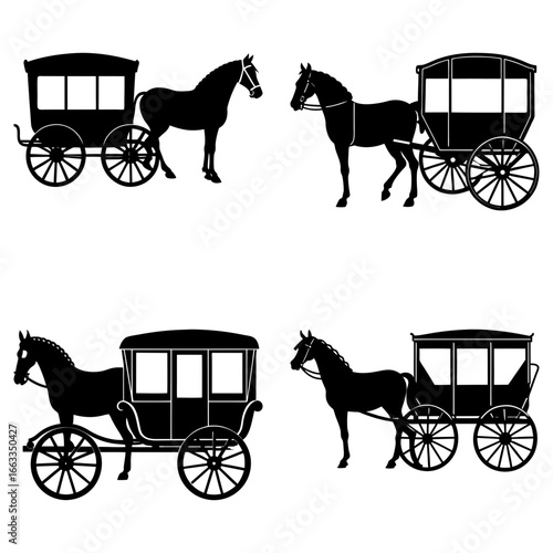 Silhouettes of horse drawn carriages in a vintage style with detailed wheels and enclosed passenger areas