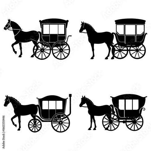 Four horse drawn carriages in black silhouette on a white background in a repeating pattern design style