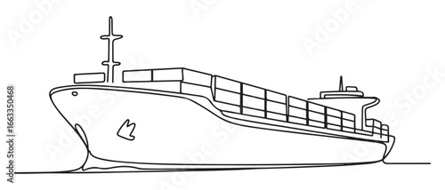 One continuous line drawing of a cargo ship is preparing to unload its cargo at the port vector illustration. Sea transportation design concept. Vector black silhouette. with white background