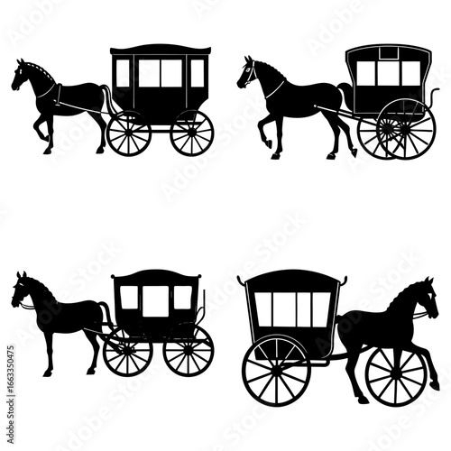 Silhouette depictions of horse drawn carriages with varying designs and wheel configurations shown