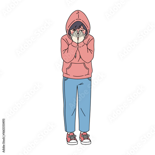 Anxious and Apprehensive: The image captures a solitary figure shrouded in an ambiguous shade of fear, hand covering eyes, perhaps a fleeting moment of timidity.