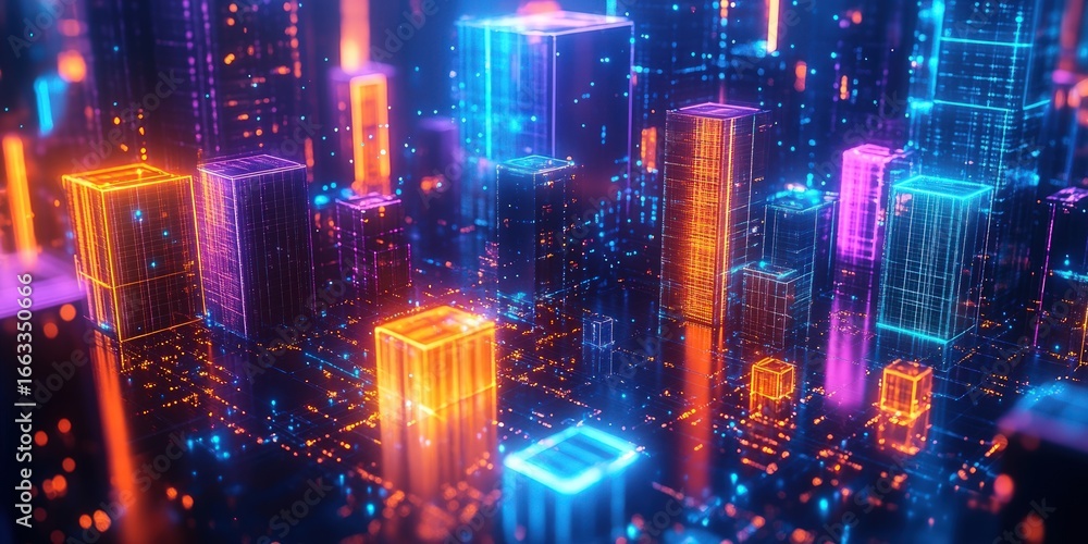 Obraz premium A glowing digital cityscape featuring stylized buildings with vibrant orange, blue, and purple illumination. The scene depicts a futuristic or virtual world