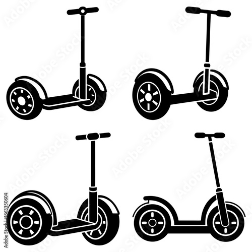 Four black and white silhouettes of personal transporter scooters in varying styles and orientations