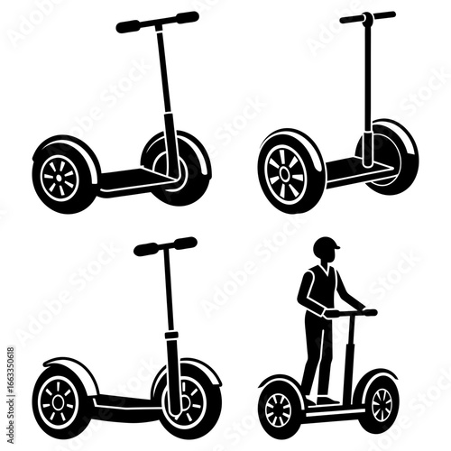 Illustration of four different self balancing scooters with one showing a person riding it
