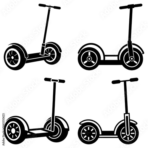 Four black and white illustrations of two wheeled self balancing scooters in different orientations