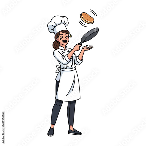 Culinary Flourish: A chef artfully tosses a pancake in a dynamic and playful display of skill, embodying the art of food preparation with a dash of flair and joy.