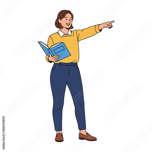 Educator's Guidance: An illustrated teacher, armed with a book, gestures forward, embodying guidance and inspiration, inviting us to look ahead and expand our horizons.