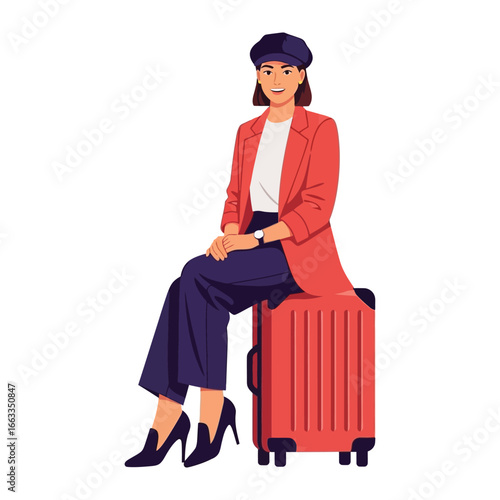Traveler's Respite: A poised woman finds a moment of relaxation during her travels, seated atop her luggage, showcasing poise, elegance, and the essence of journey