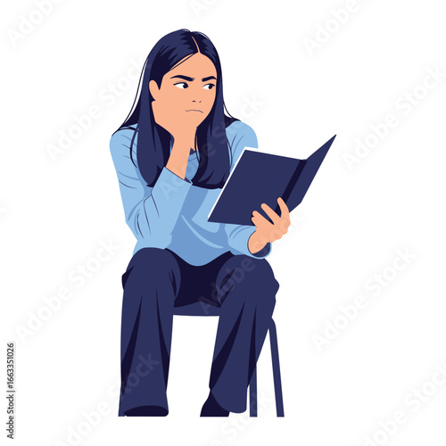 Focused Reflection: A young woman, engrossed in a book, leans thoughtfully, evoking a sense of quiet contemplation and intellectual engagement. 