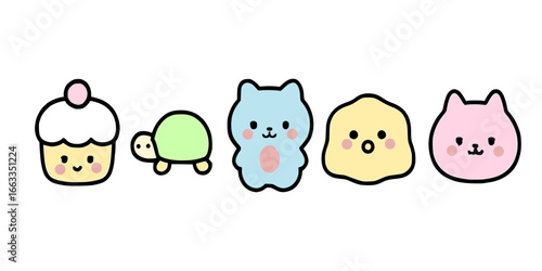 Delightful kawaii sweet treat and animal character doodles bring joy to designs