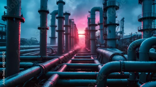 Wallpaper Mural Rain-Slicked Industrial Pipes at Fiery Sunset Torontodigital.ca