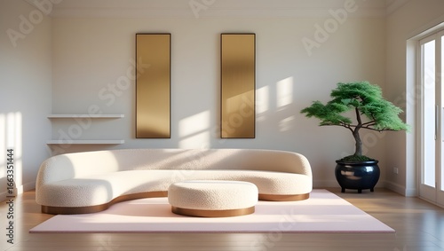 Modern Minimalist Living Room: Beige Curved Sofa, Pink Rug, Bonsai Tree, Gold Accents, Sunlit Interior.