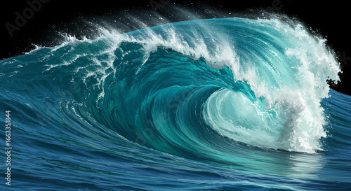 A powerful ocean wave crests and curls, displaying a mesmerizing display of aqua and turquoise hues, reflecting the sky's light, and creating a dynamic visual spectacle.