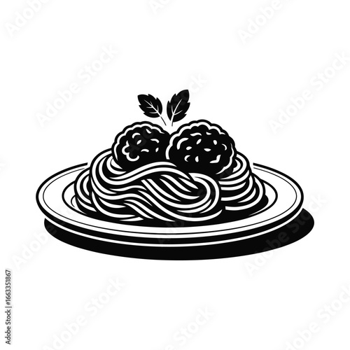 Spaghetti and Meatballs on a Plate Black and White Illustration