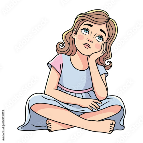 Daydreaming Girl's Thoughts: A cartoon illustration of a young girl sitting cross-legged, lost in thought, her gaze turned upwards, and her face illuminated with the light of curiosity.