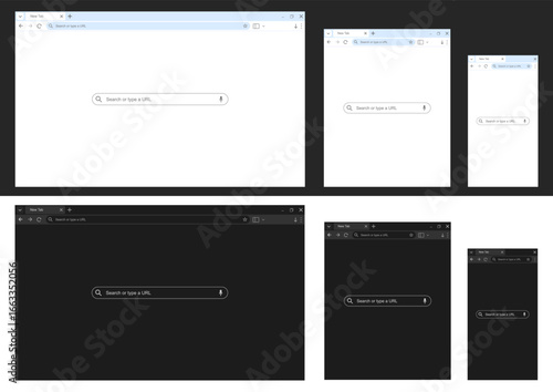 Browser web window template with search bar frames and buttons, website mockup for PC laptop tablet and phone in light and dark modes