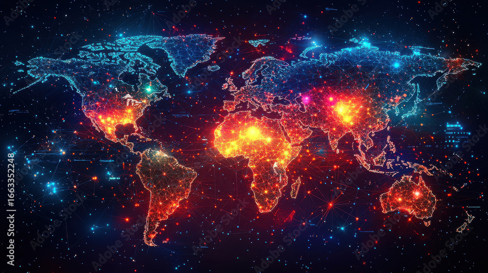 Fototapeta premium A vibrant, abstract digital world map, its intricate lines representing a vast network of interconnected nodes, symbolizing the global exchange of data, information, and ideas. A testament to 