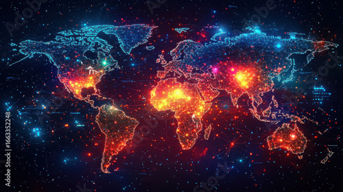 Wallpaper Mural A vibrant, abstract digital world map, its intricate lines representing a vast network of interconnected nodes, symbolizing the global exchange of data, information, and ideas. A testament to  Torontodigital.ca