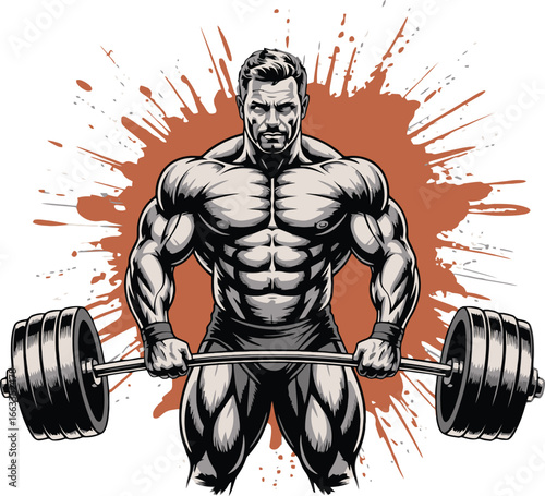Muscular Bodybuilder Lifting Heavy Barbell with Splatter Background