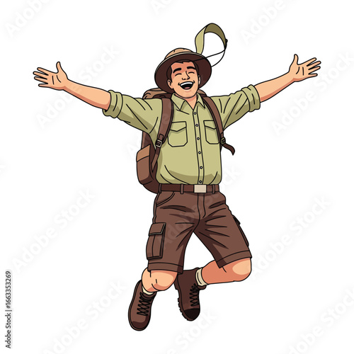 Adventurer's Exuberance: A joyful adventurer leaps into the air, arms wide with delight. Celebrating exploration and the freedom of travel.