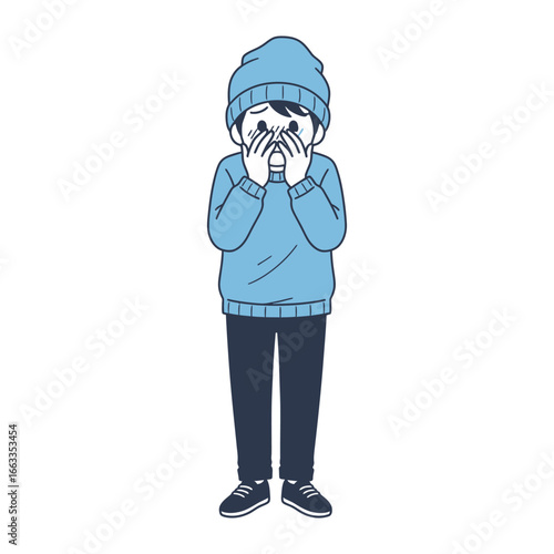 Cold Weather Feeling: A person dressed in winter attire experiences the chill of the season. This image captures the feeling of cold weather.