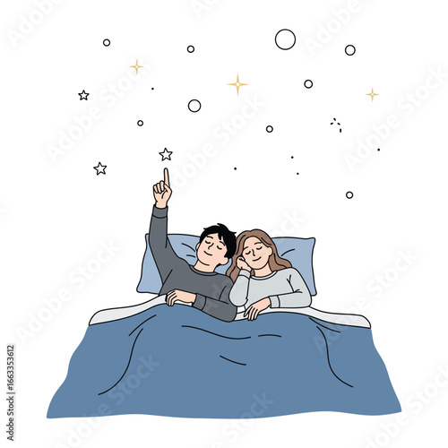 Dreamy Embrace: A loving couple, snuggled in bed, gazes at the night sky, their dreams intertwining under a canopy of stars.  