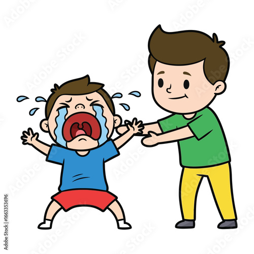 Anxious Moment: A worried child, overwhelmed by an emotional crisis, is comforted by a figure attempting to offer assistance. 