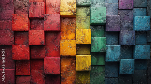 Fototapeta Naklejka Na Ścianę i Meble -  A vibrant, abstract panorama unfolds as a textured wall, adorned with 3D wood cubes painted in a kaleidoscope of rainbow colors. This generative AI illustration captures the essence of a dynamic 