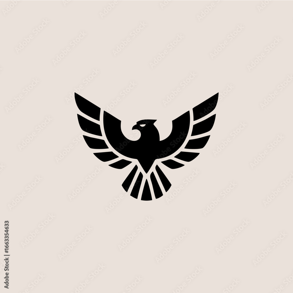 Obraz premium Stylized black eagle with outstretched wings, depicted in a minimalist, symmetrical design against a light beige background.