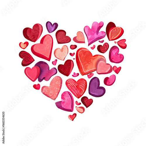 A heart-shaped design composed of many smaller hearts in various shades of red and pink