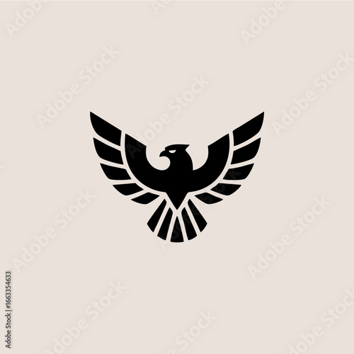Stylized black eagle with outstretched wings, depicted in a minimalist, symmetrical design against a light beige background.