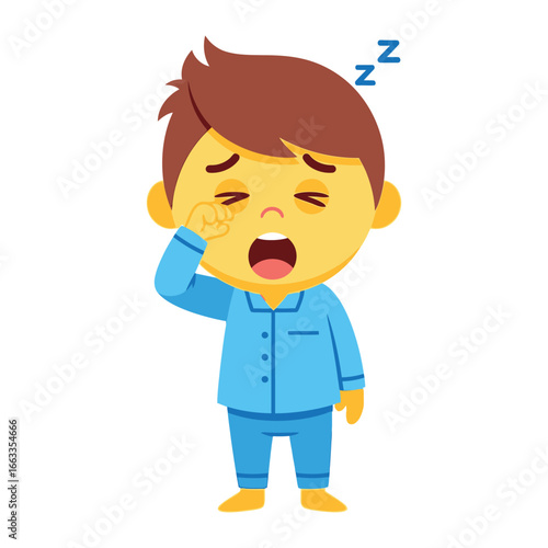 Sleepy Morning Yawn: An adorable illustrated cartoon boy in blue pajamas, caught in a sleepy moment. He's yawning widely while rubbing his eye. A perfect image for themes of sleep, fatigue.