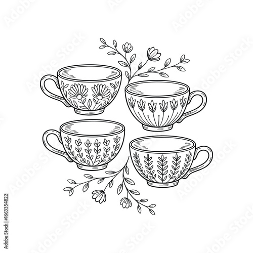Four antique decorative teacups with floral sprigs in a charming sketch style white background