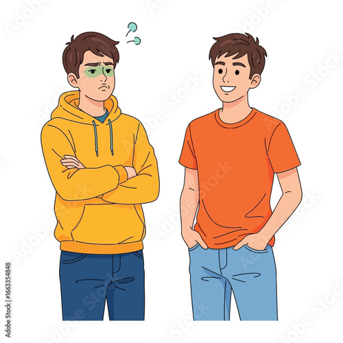 Unspoken Words: Two individuals stand in stark contrast, the image of one radiating positivity, the other burdened by a visible sign of anxiety, a visual dialogue of internal struggles.