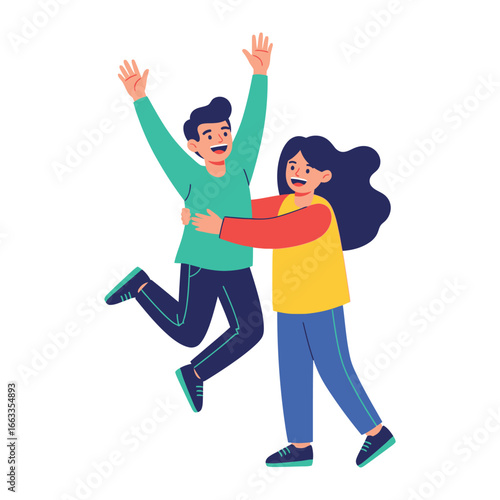 Joyful Embrace: A vibrant illustration capturing the essence of affection, two people share a joyous embrace, showcasing a moment of deep connection and mutual happiness.